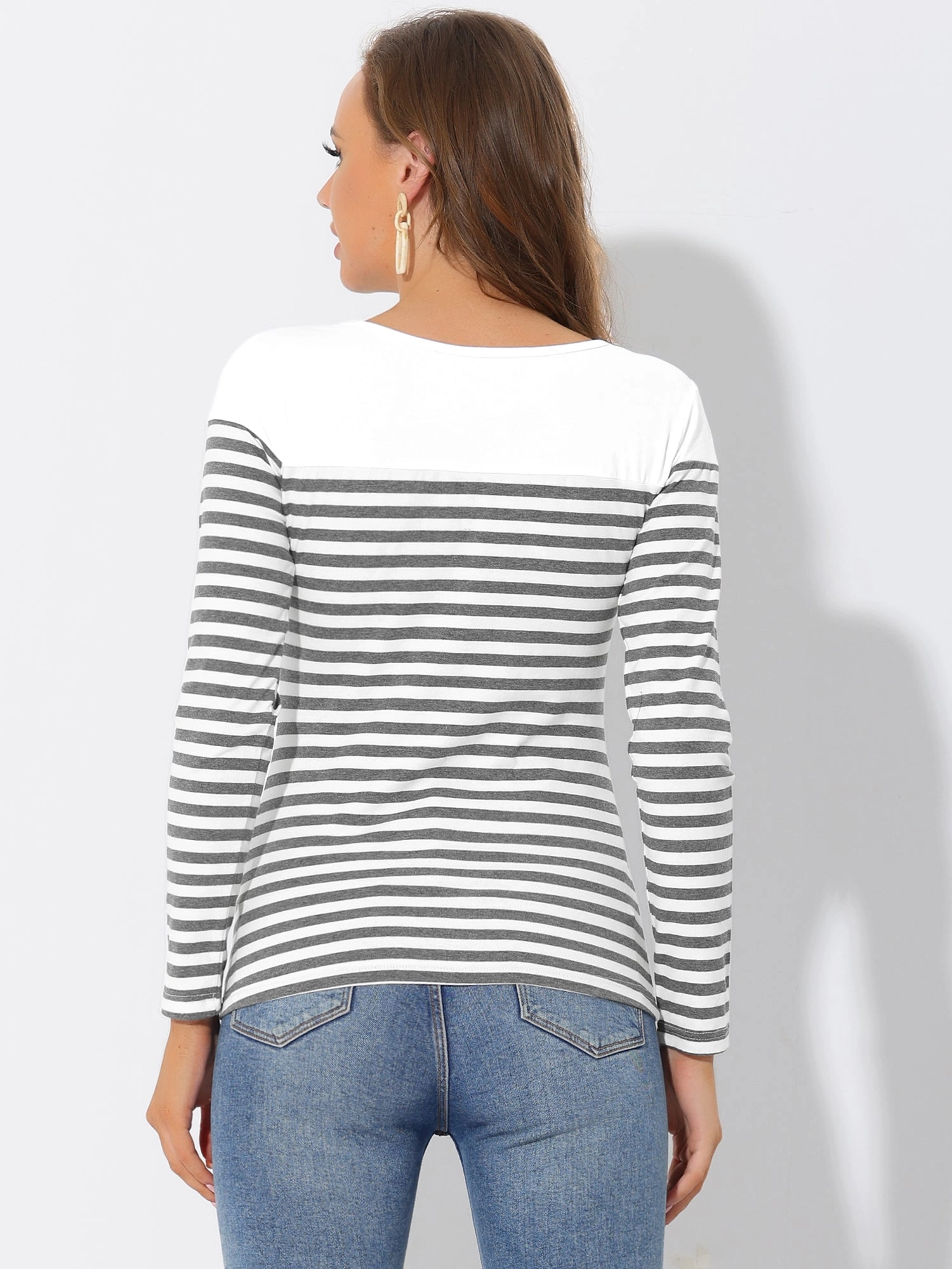 Color Block Long Sleeve Round Neck Striped T-Shirt