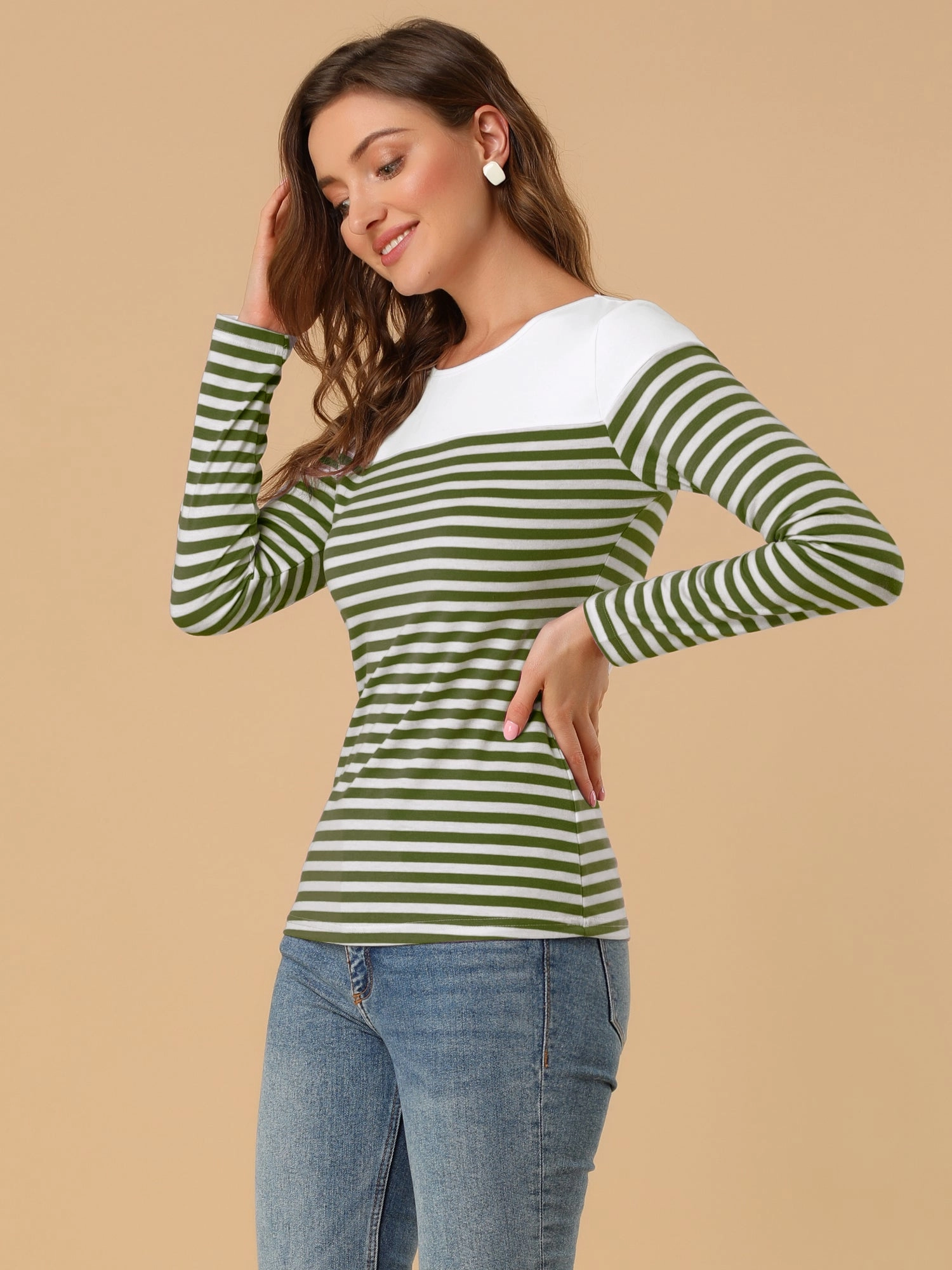 Color Block Long Sleeve Round Neck Striped T-Shirt
