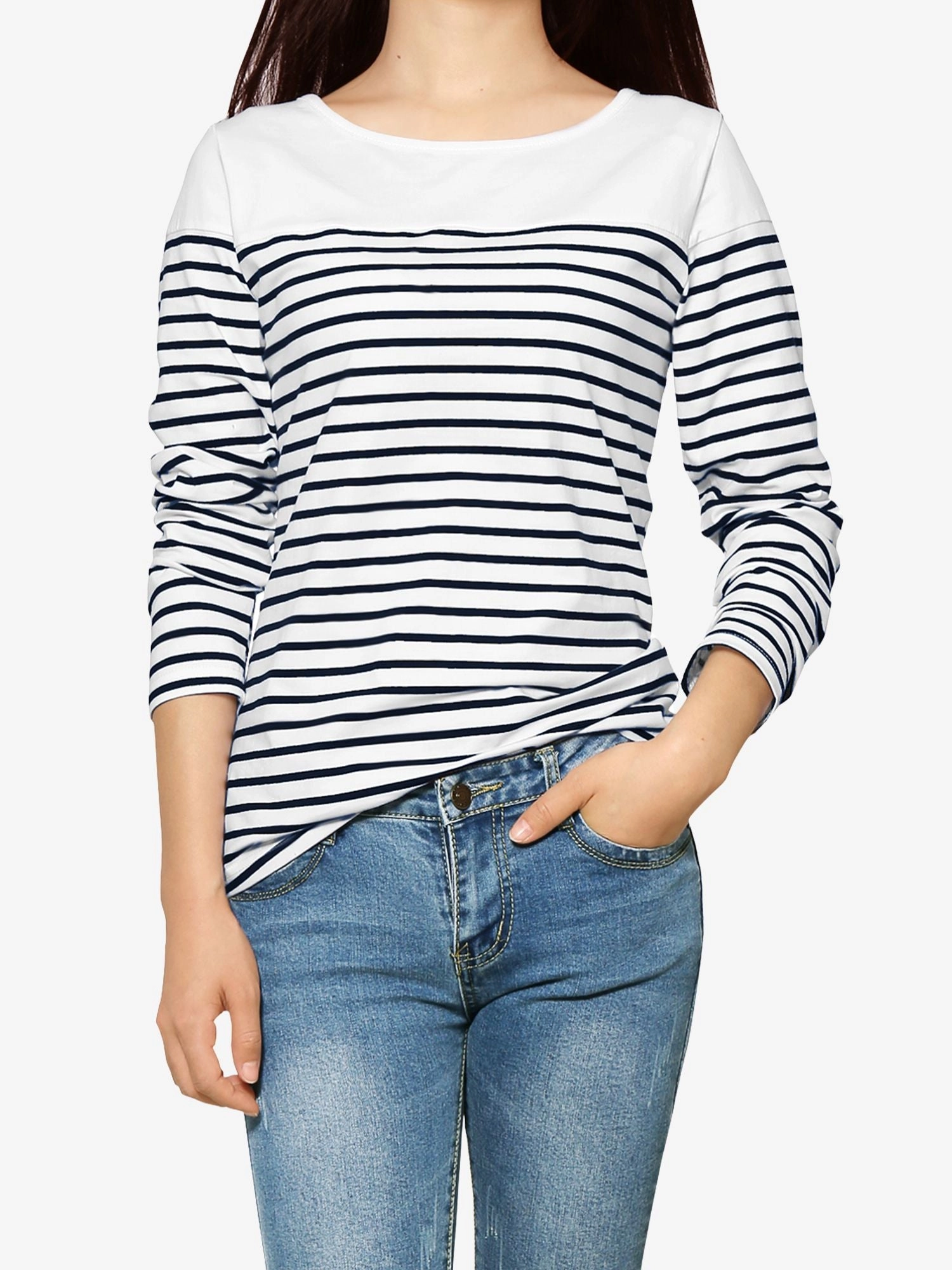 Color Block Long Sleeve Round Neck Striped T-Shirt
