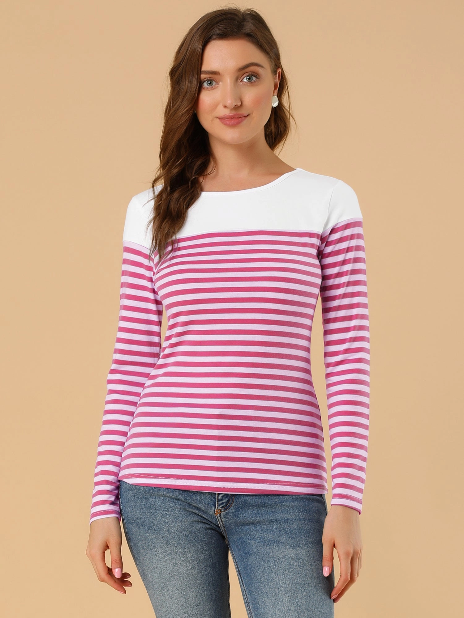 Color Block Long Sleeve Round Neck Striped T-Shirt