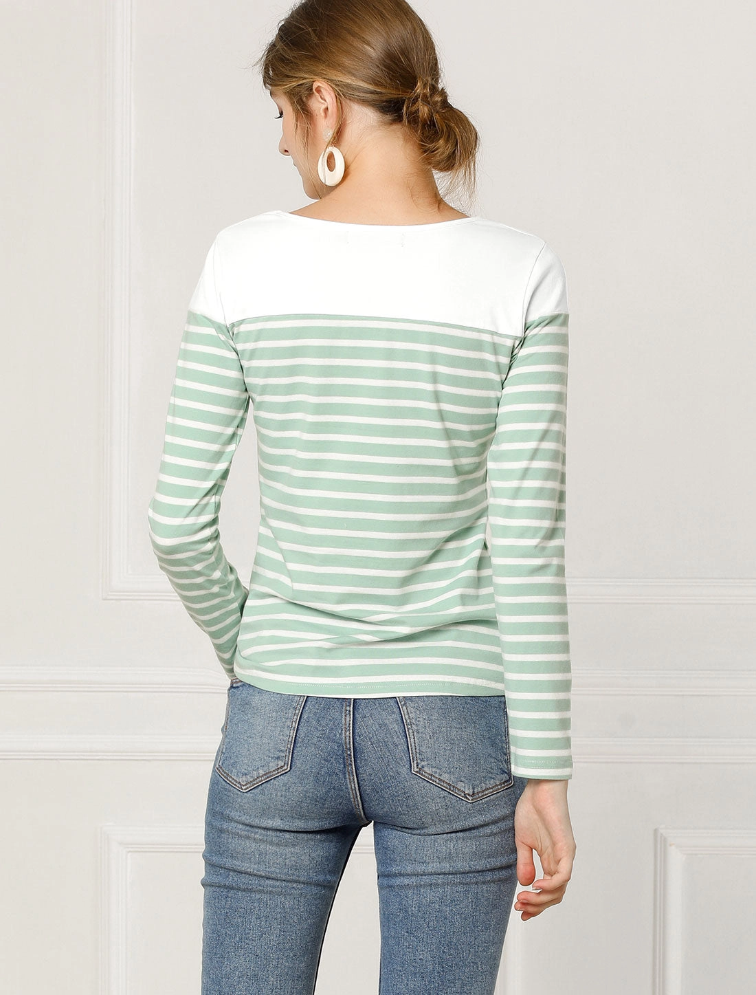 Color Block Long Sleeve Round Neck Striped T-Shirt
