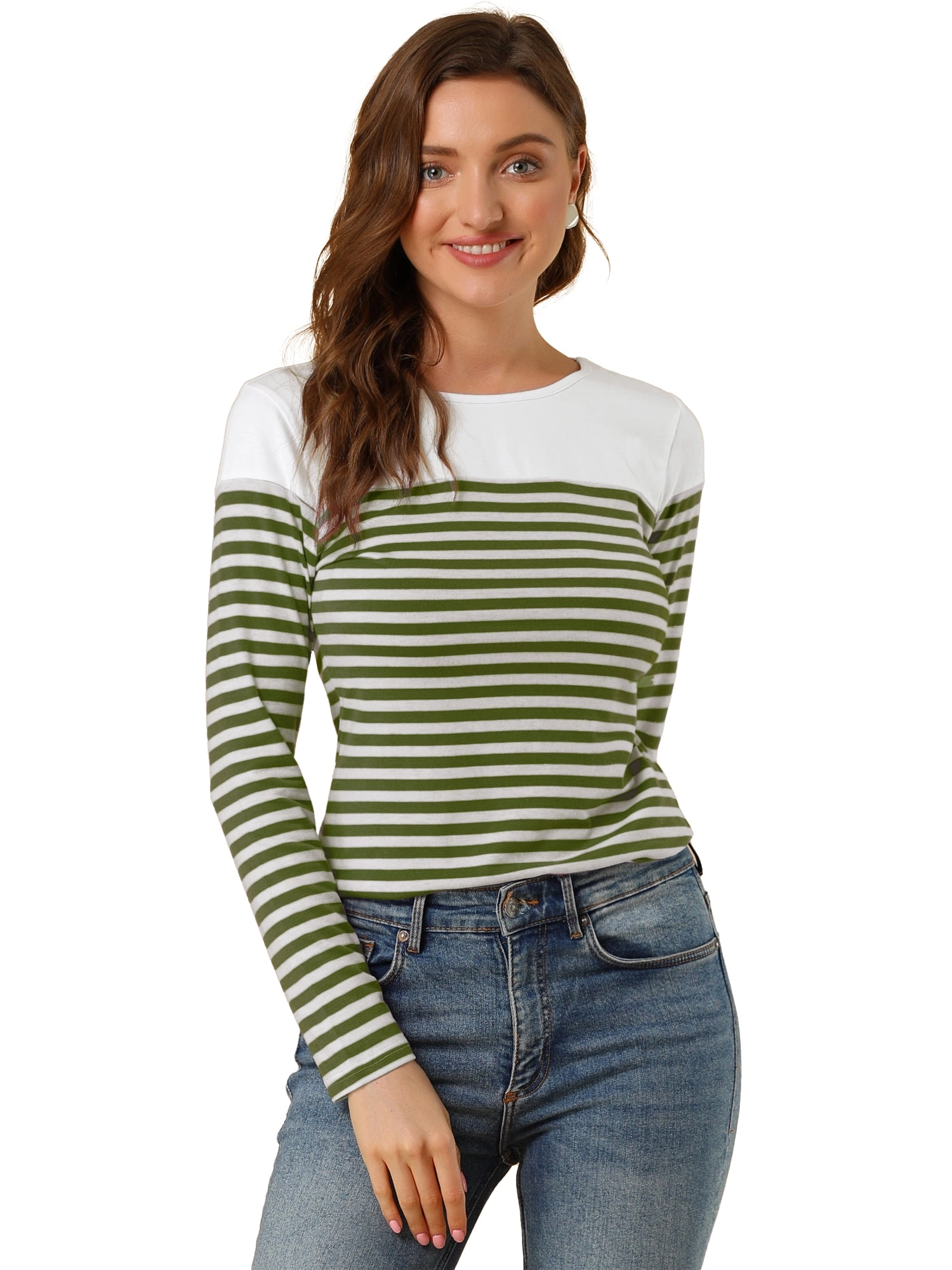 Color Block Long Sleeve Round Neck Striped T-Shirt
