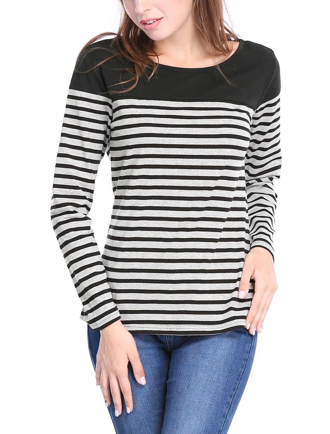 Color Block Long Sleeve Round Neck Striped T-Shirt