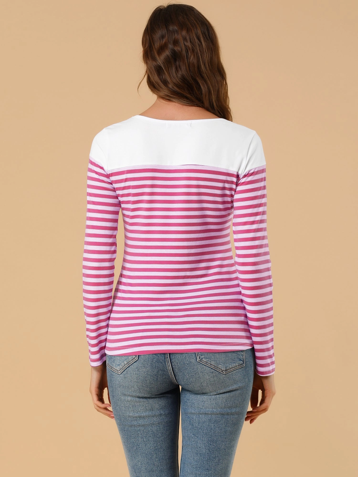 Color Block Long Sleeve Round Neck Striped T-Shirt