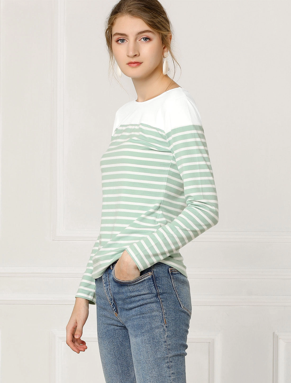 Color Block Long Sleeve Round Neck Striped T-Shirt
