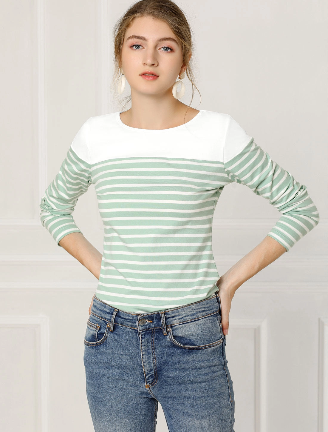 Color Block Long Sleeve Round Neck Striped T-Shirt