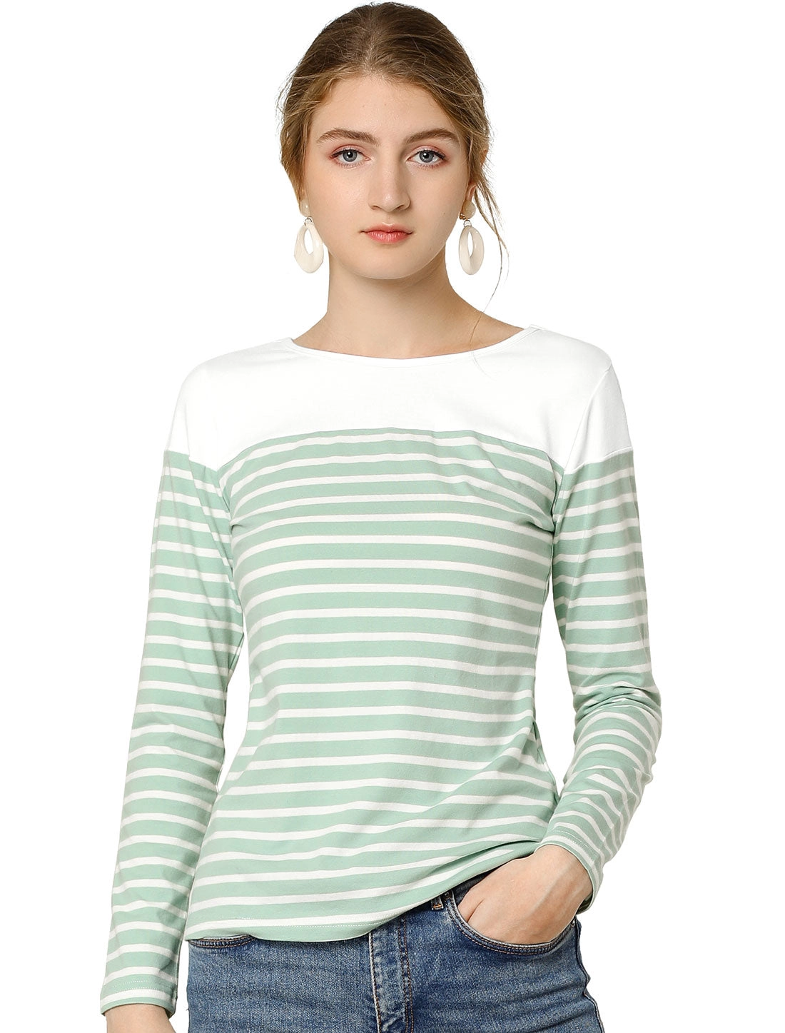 Color Block Long Sleeve Round Neck Striped T-Shirt
