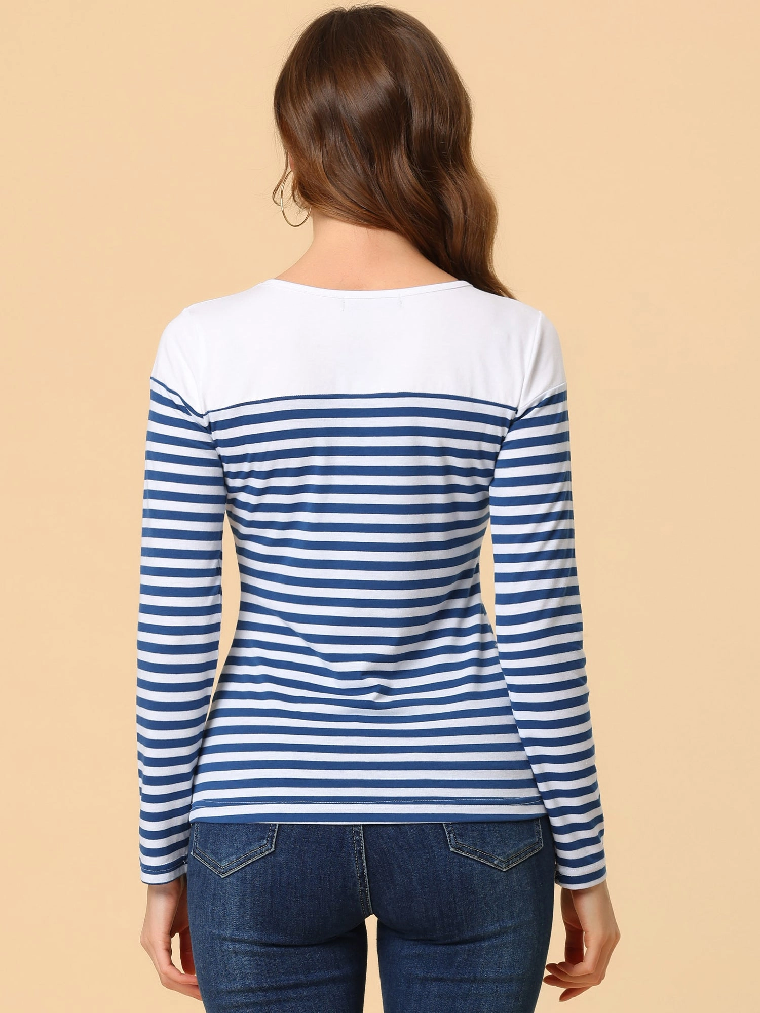 Color Block Long Sleeve Round Neck Striped T-Shirt