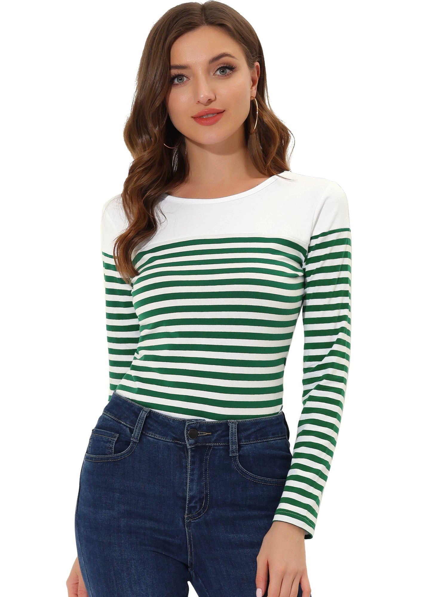 Color Block Long Sleeve Round Neck Striped T-Shirt