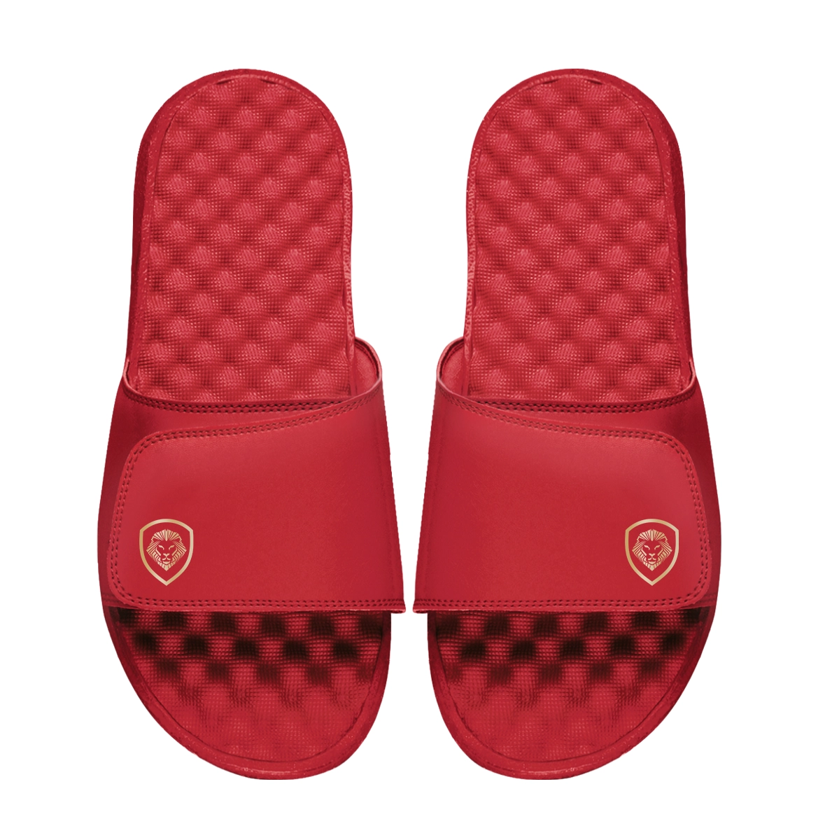 Future Looks Bright Sleek Lion Shield Red and Gold Comfort Slides