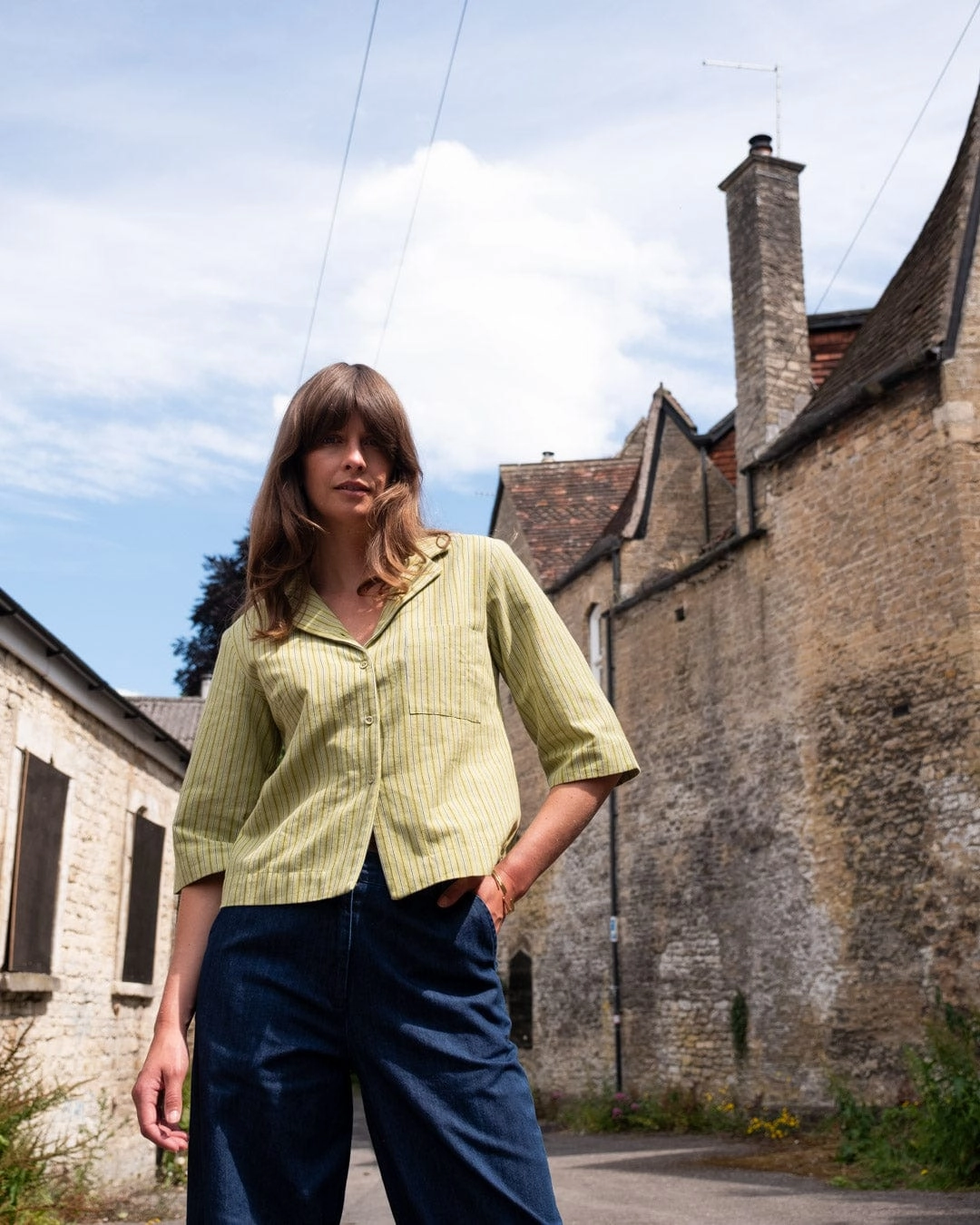 Gina Women's Cotton & Linen Casual Shirt | Avocado Stripe