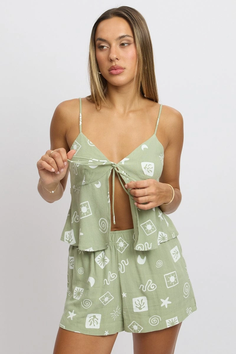 Green Abstract Tie Front Top Sleeveless