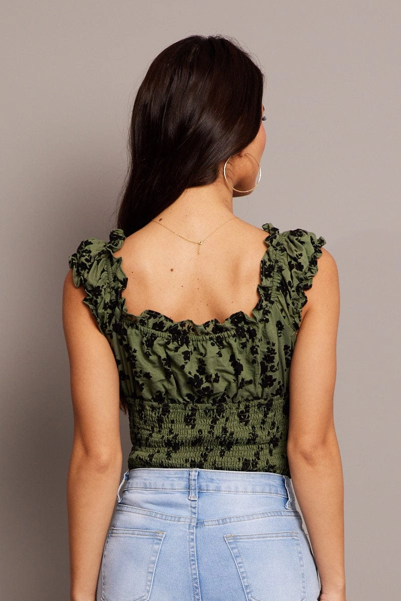 Green Ditsy Bodysuit Short Sleeve Shirred