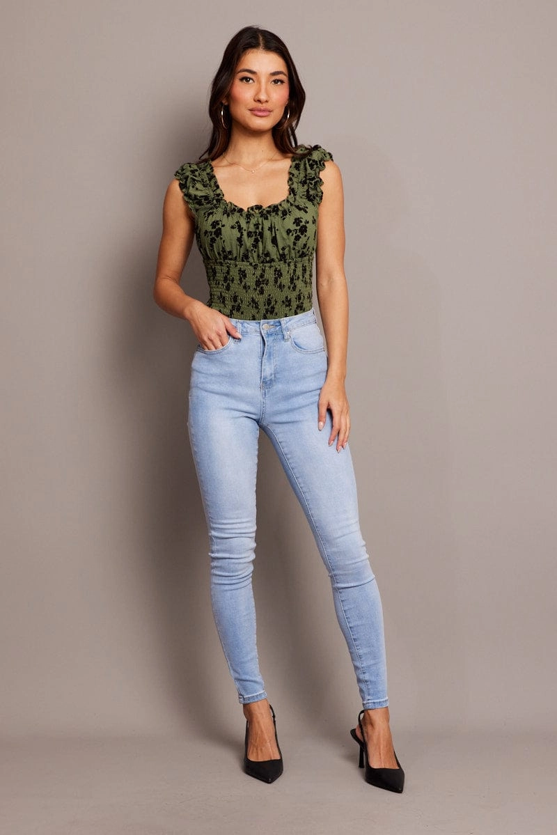 Green Ditsy Bodysuit Short Sleeve Shirred