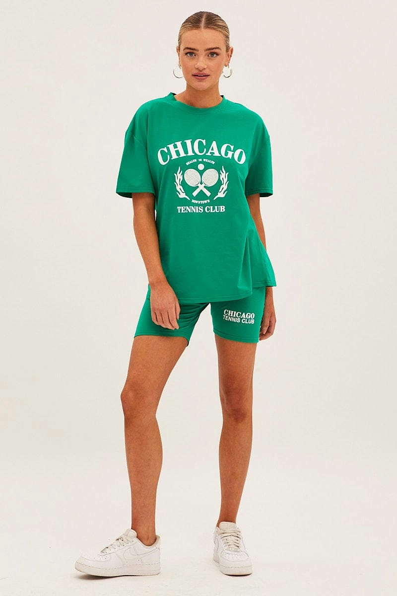 Green Graphic T And Biker Shorts Set
