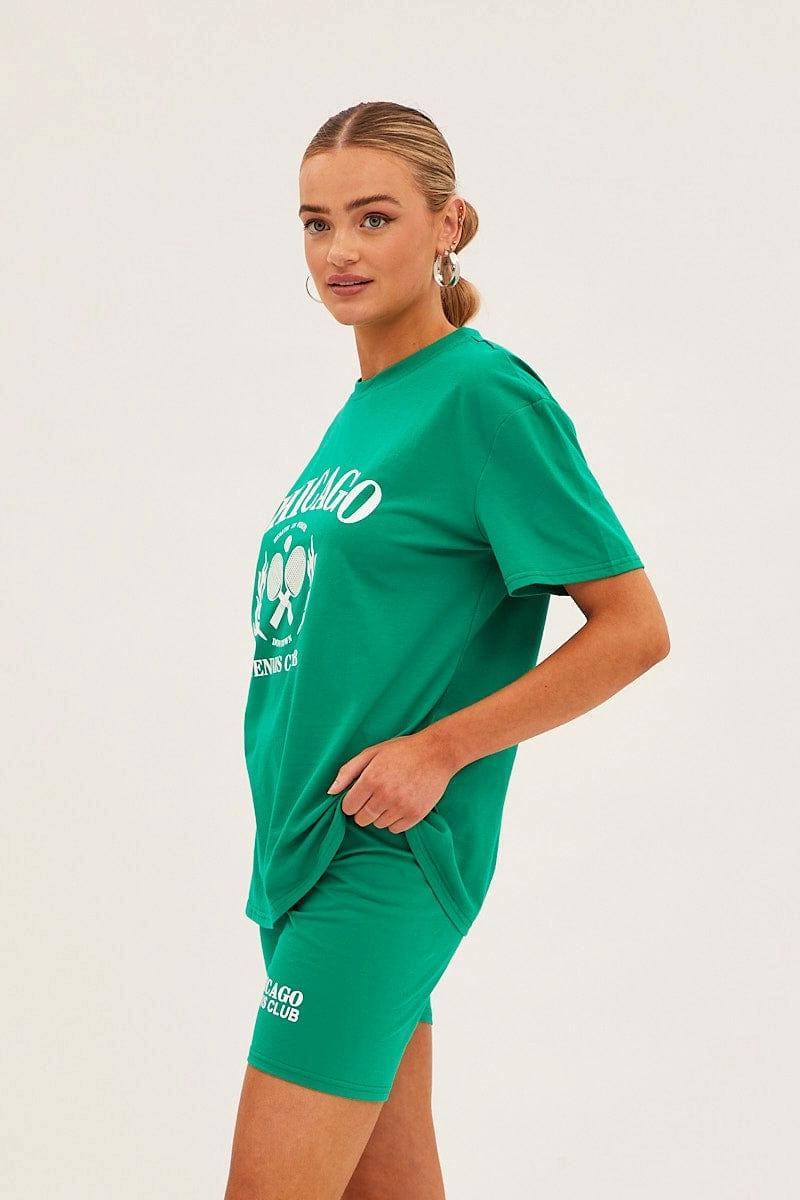 Green Graphic T And Biker Shorts Set