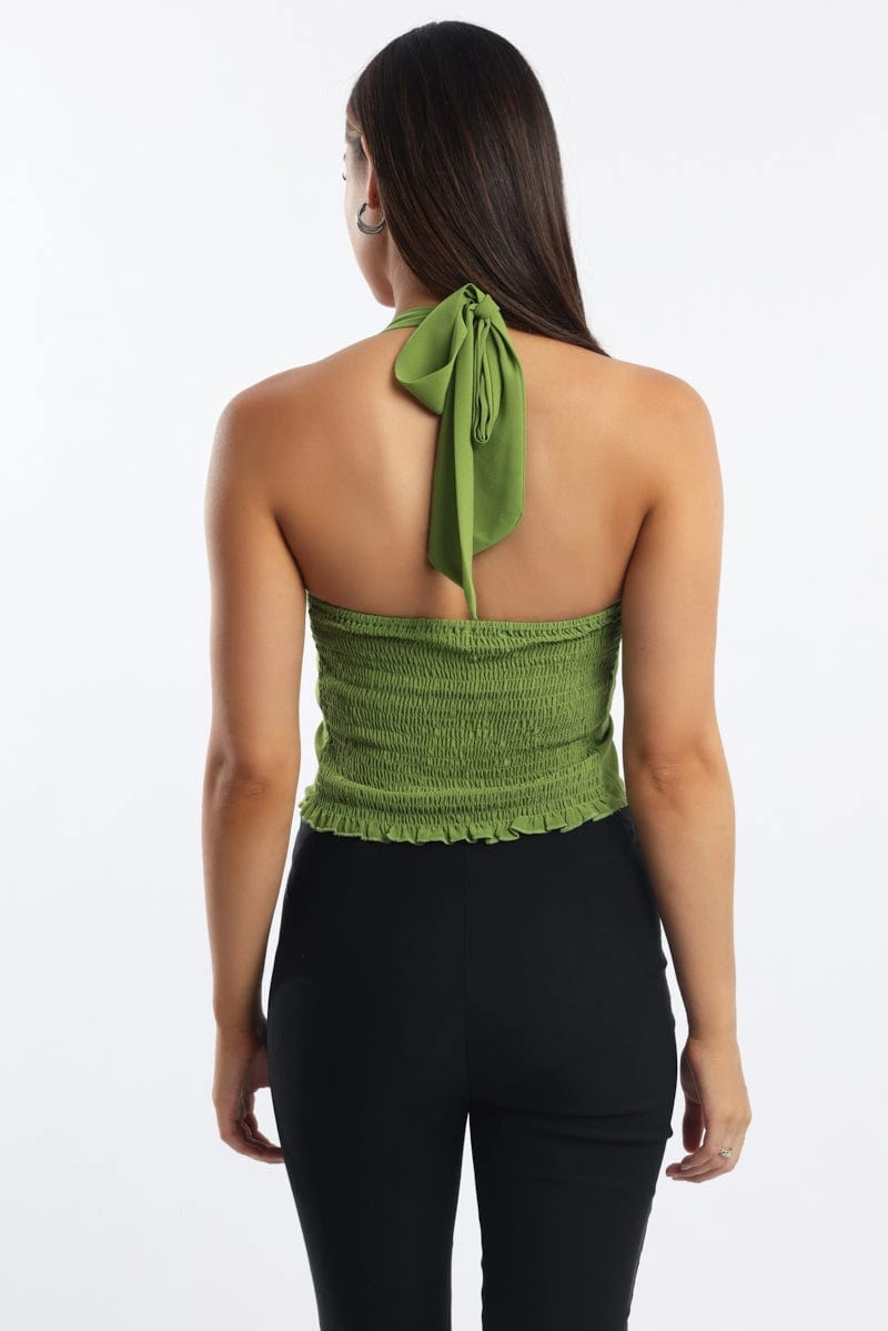 Green Halter Top Sleeveless Ruched Front