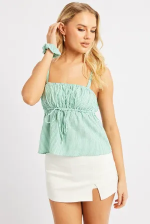 Green Stripe Cami Top Sleeveless Gathered