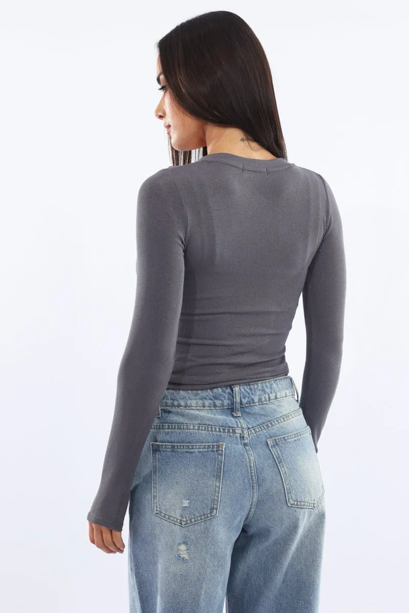 Grey Henley Top Long Sleeve