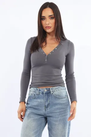 Grey Henley Top Long Sleeve