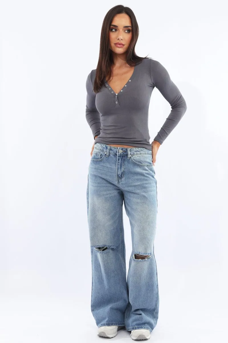 Grey Henley Top Long Sleeve