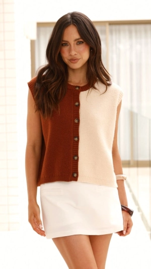 Keisha Knit Button Up Vest - Brown/Cream