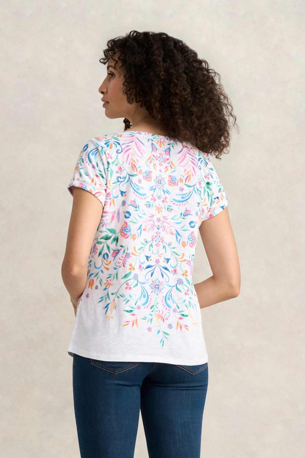 Notch Neck Cotton Tee - Jeanne Border Print