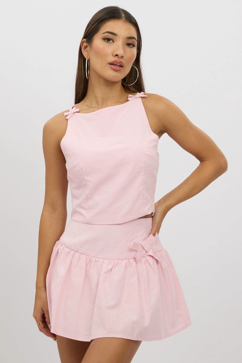 Pink Cami Sleeveless Boat Neck Bow Detail