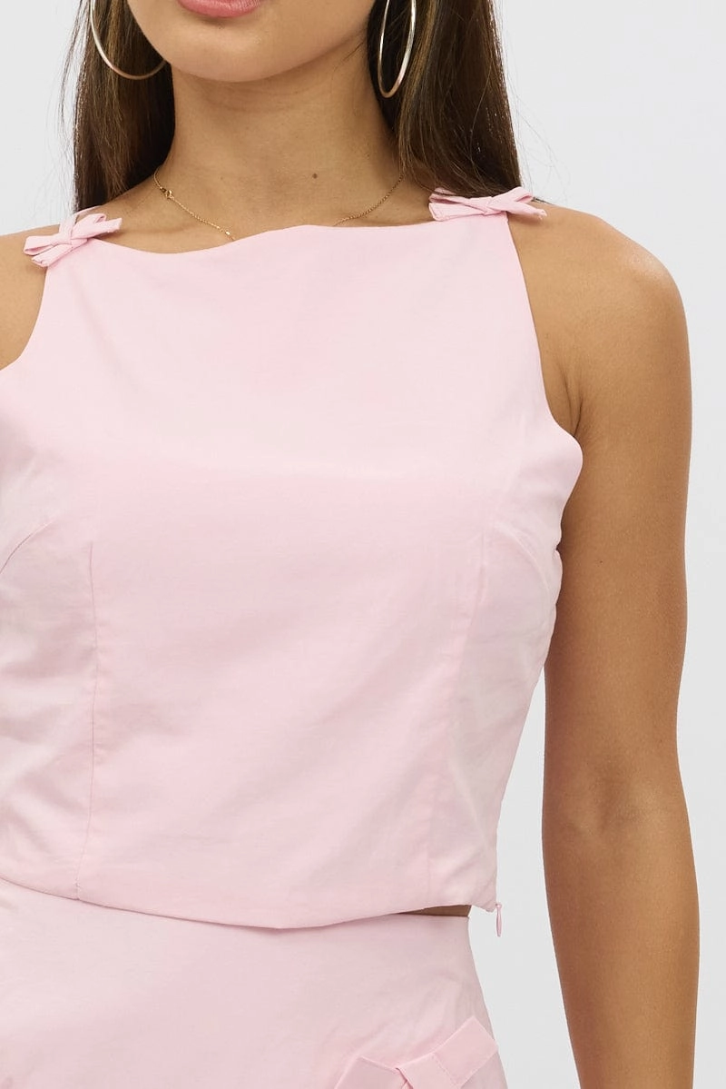 Pink Cami Sleeveless Boat Neck Bow Detail