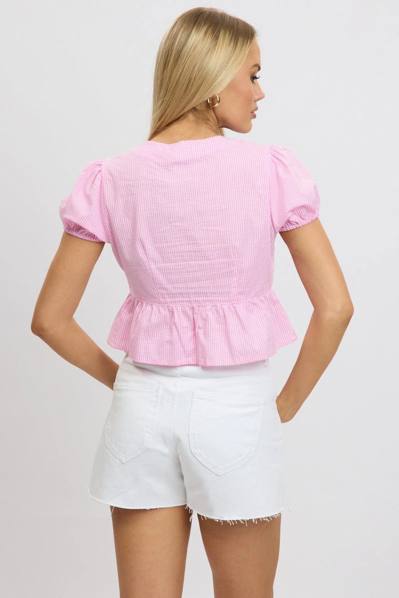 Pink Check Tie Front Top Puff Sleeve