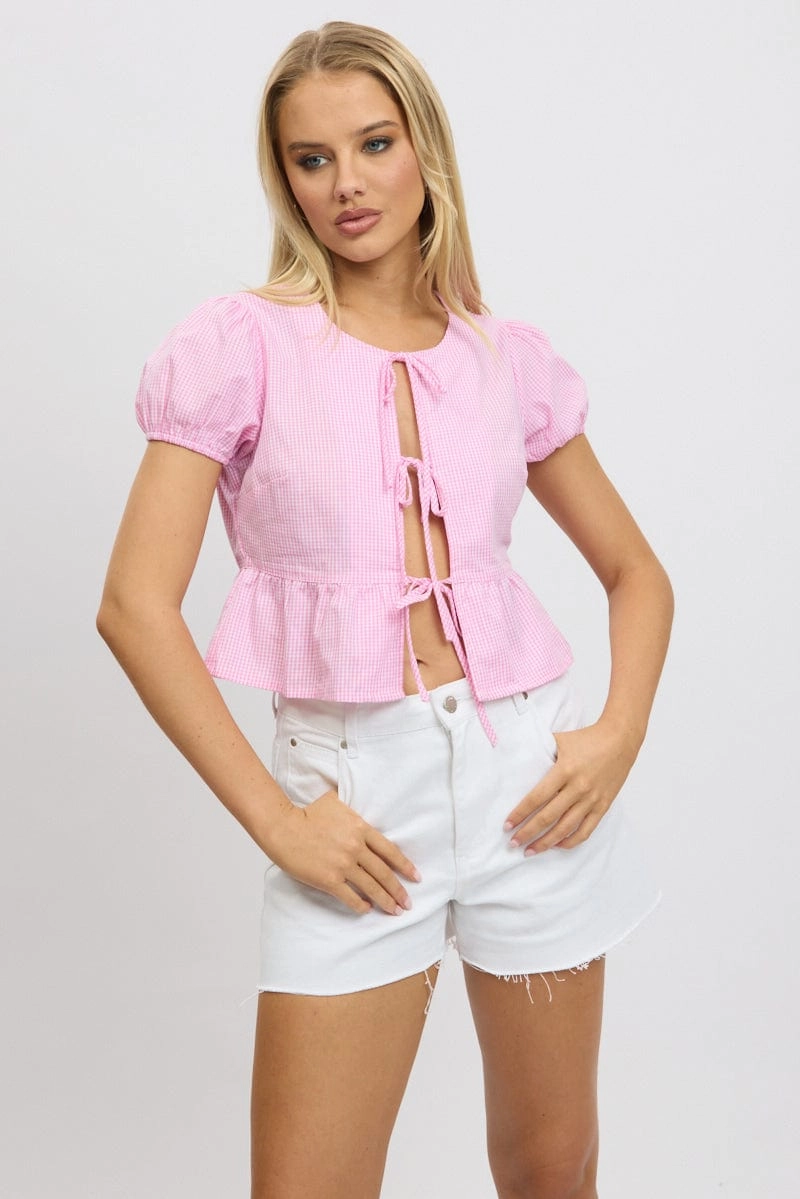 Pink Check Tie Front Top Puff Sleeve