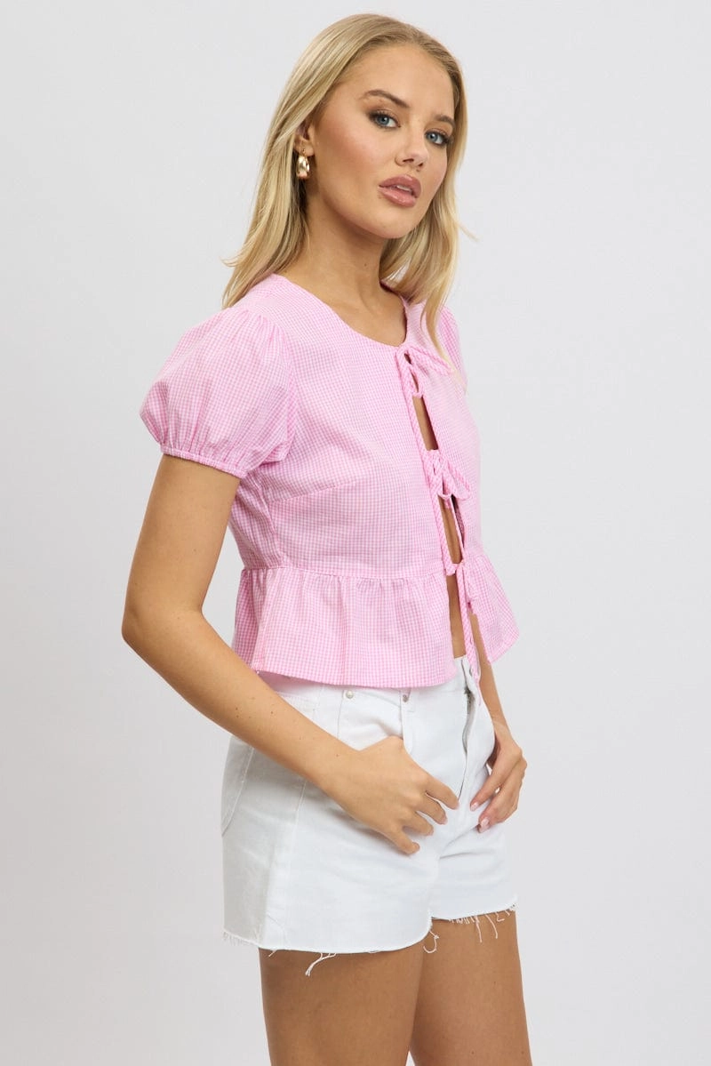 Pink Check Tie Front Top Puff Sleeve