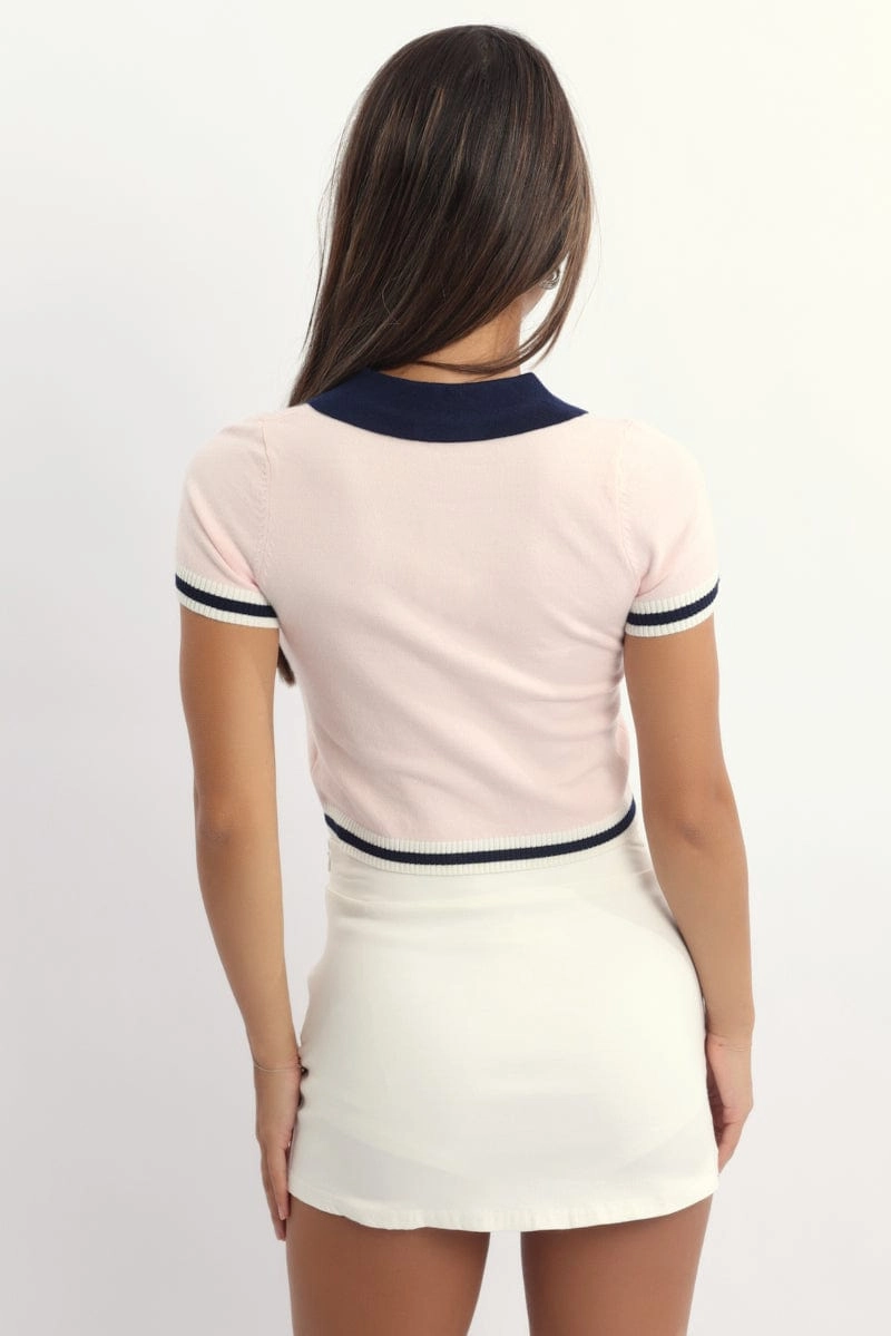 Pink Knit Top Short Sleeve Collared