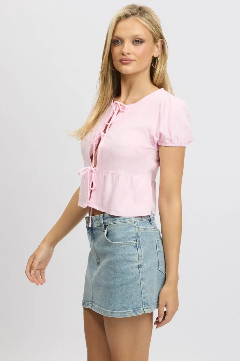 Pink Tie Front Top Puff Sleeve