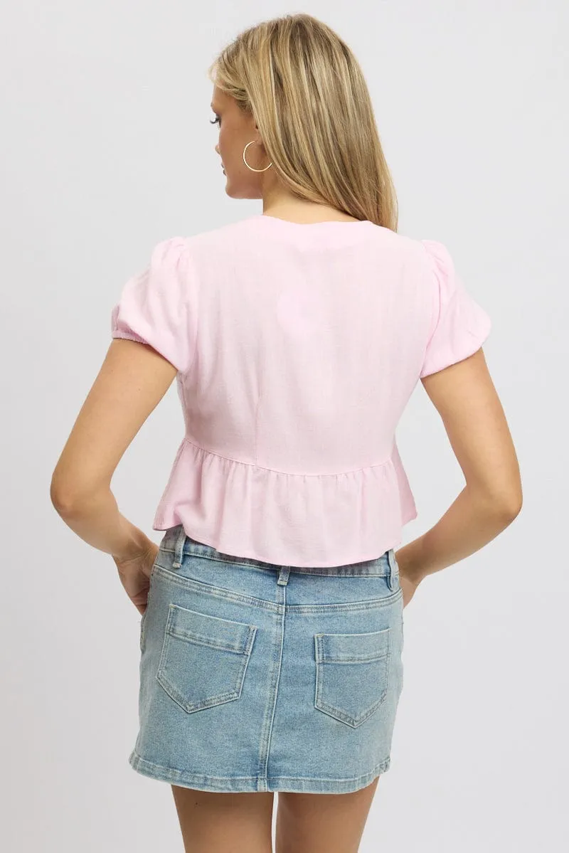 Pink Tie Front Top Puff Sleeve