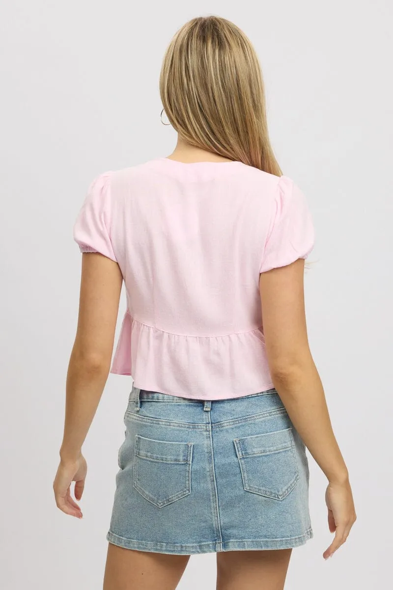 Pink Tie Front Top Puff Sleeve