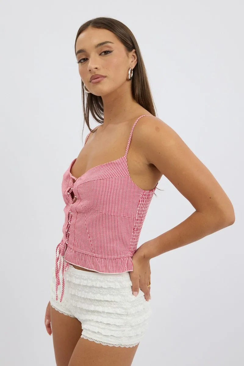 Red Check Corset Top Sleeveless Lace Up
