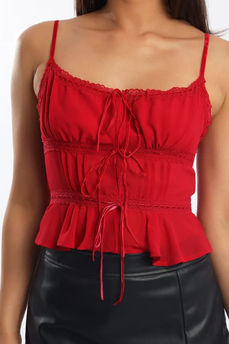 Red Chiffon Cami Tie Front Lace Trim