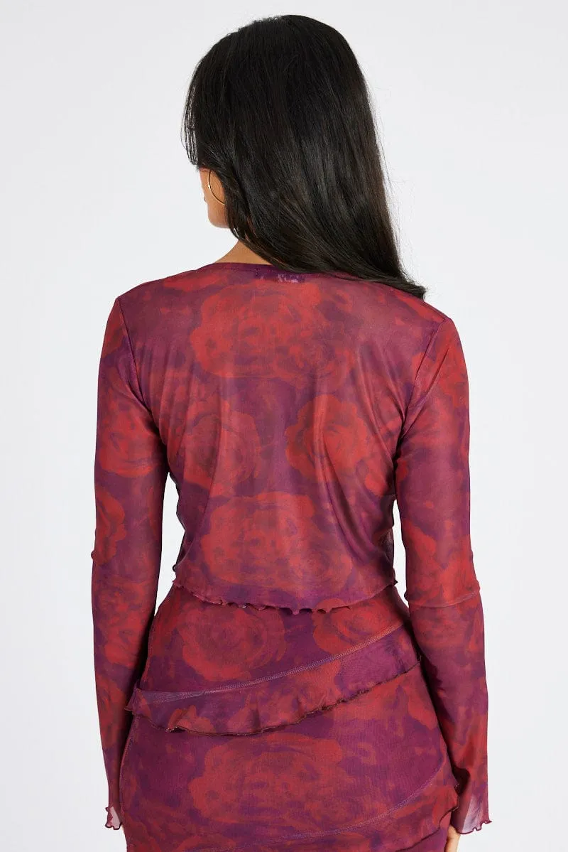 Red Floral Tie up Cardigan Long Sleeve
