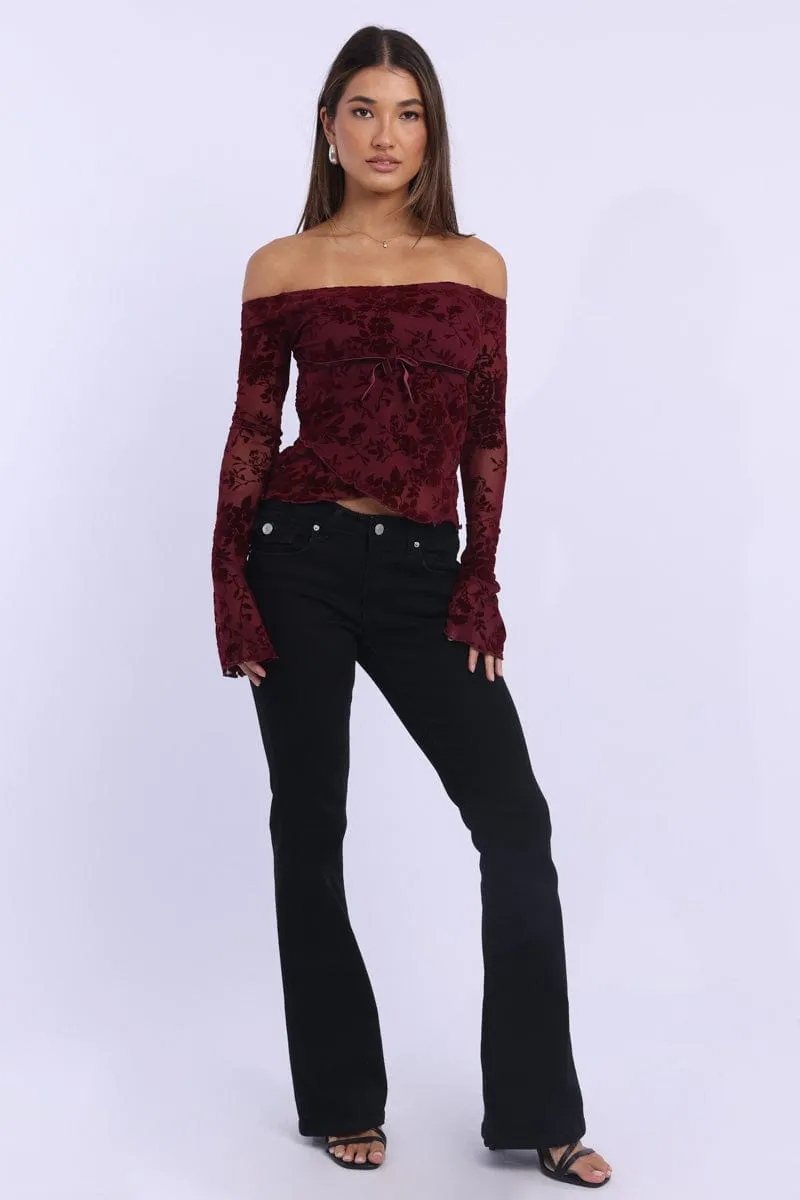 Red Off Shoulder Top Long Sleeve
