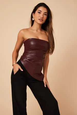 Red PU Bandeau Top Gathered Slight Stretch