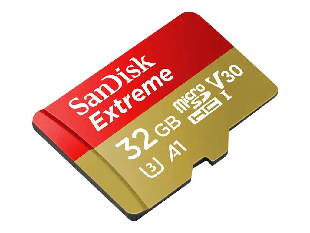 SanDisk Extreme - Flash memory card (microSDHC to SD adapter included) - 32 GB - A1 / Video Class V30 / UHS-I U3 / Class10 - SDSQXAF-032G-GN6MA