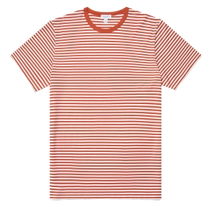 Sunspel S/S Crew Neck T-Shirt White / Burnt Sienna English Stripe