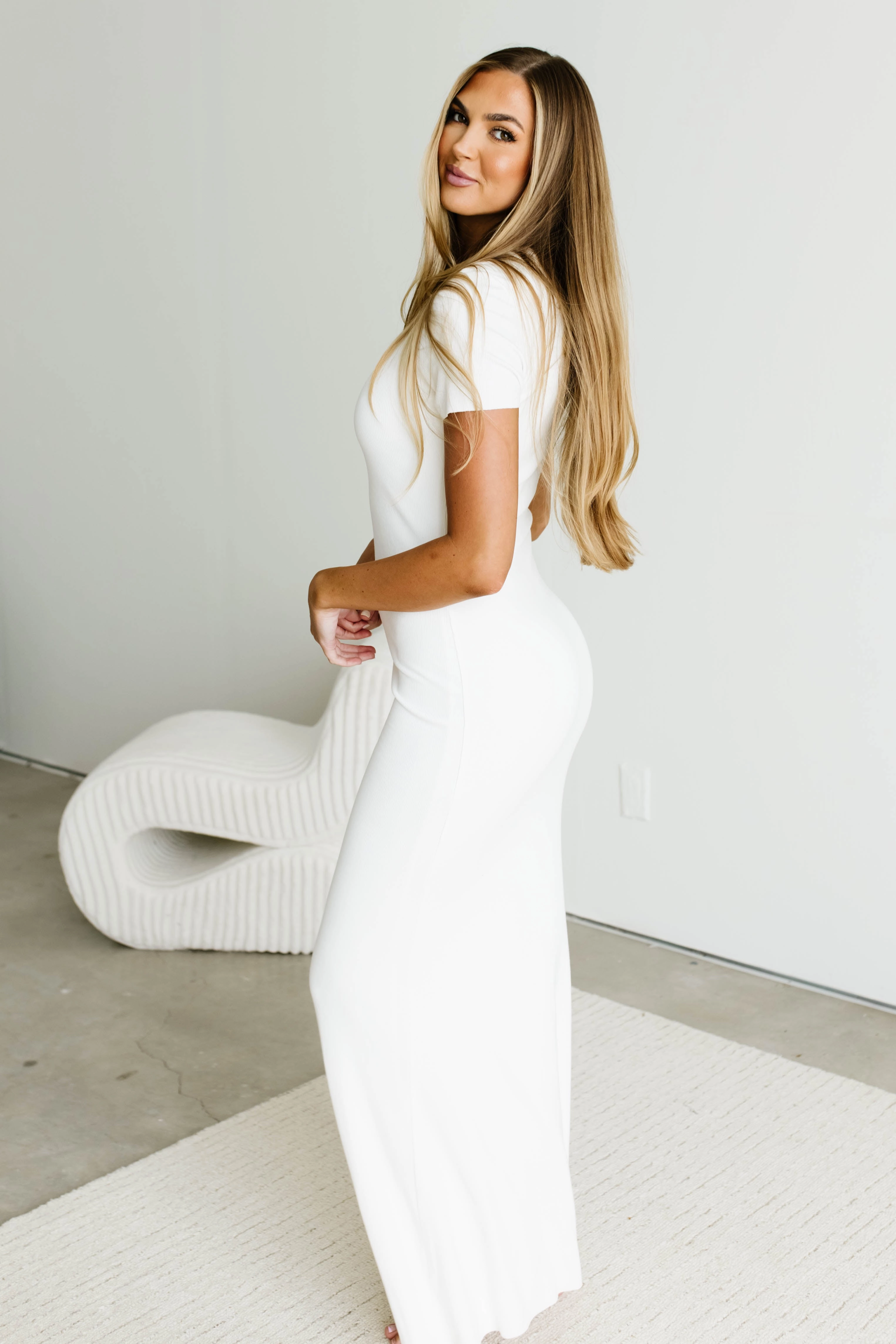 The Charlie Ribbed Maxi Dress in White -Bump Friendly PRE-ORDER