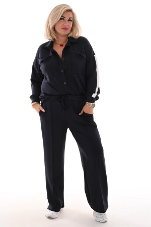Tweedelig pak blouse met bies marineblauw