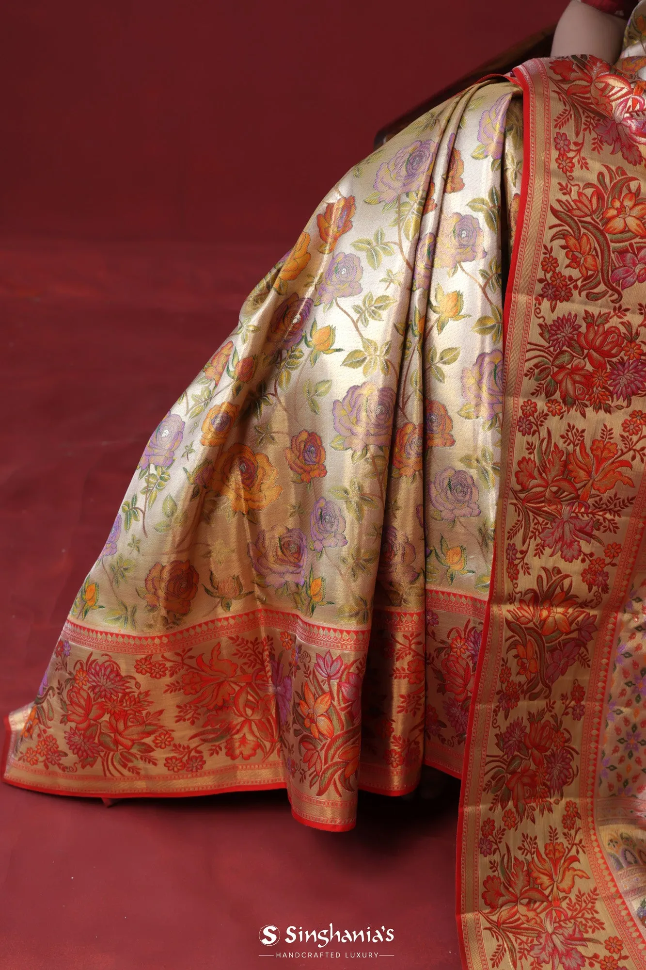 Vegas Gold Tissue Kanjivaram Saree Floral Jaal Weave