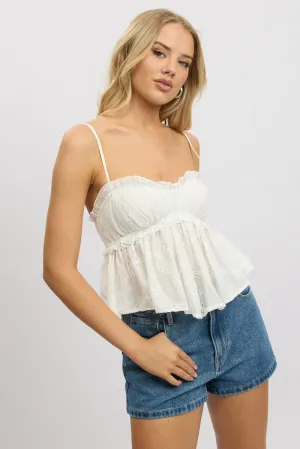 White Cami Top Sleeveless Ruched Bust Broderie