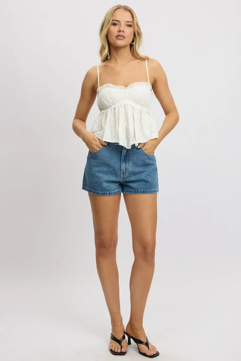 White Cami Top Sleeveless Ruched Bust Broderie