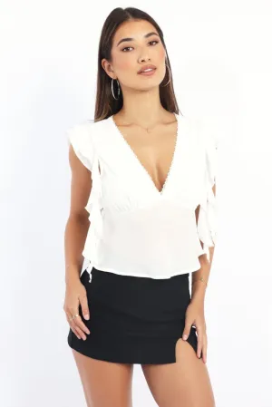 White Frilled Top Sleeveless V-neck Lave Trim