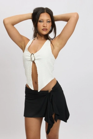 White Halter Neck Top Metal Buckle